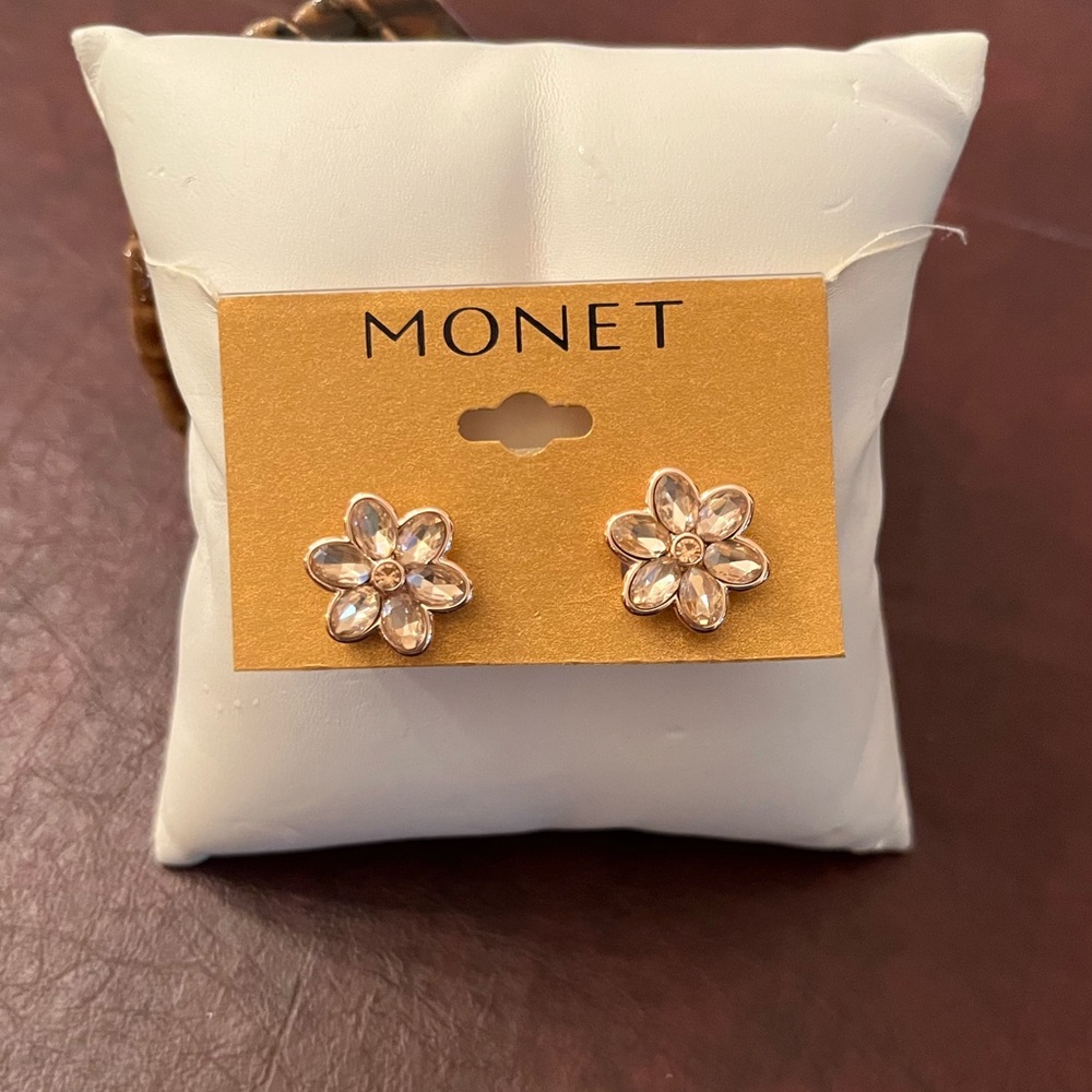 Monet Gold and Crystal Flower Clip On Earrings